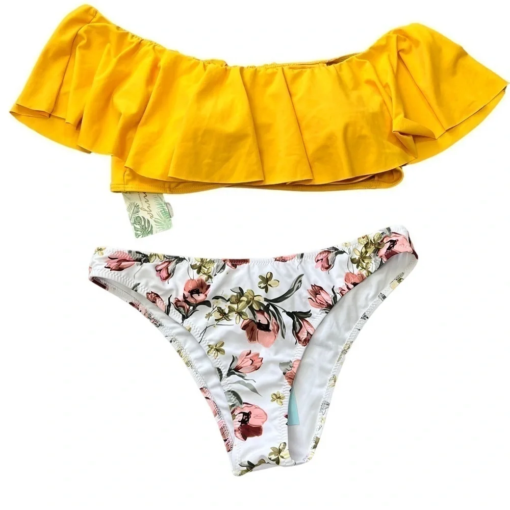 YELLOW Off The Shoulder Ruffle Bikini Floral Bottoms Medium NWT Cupshe Envya